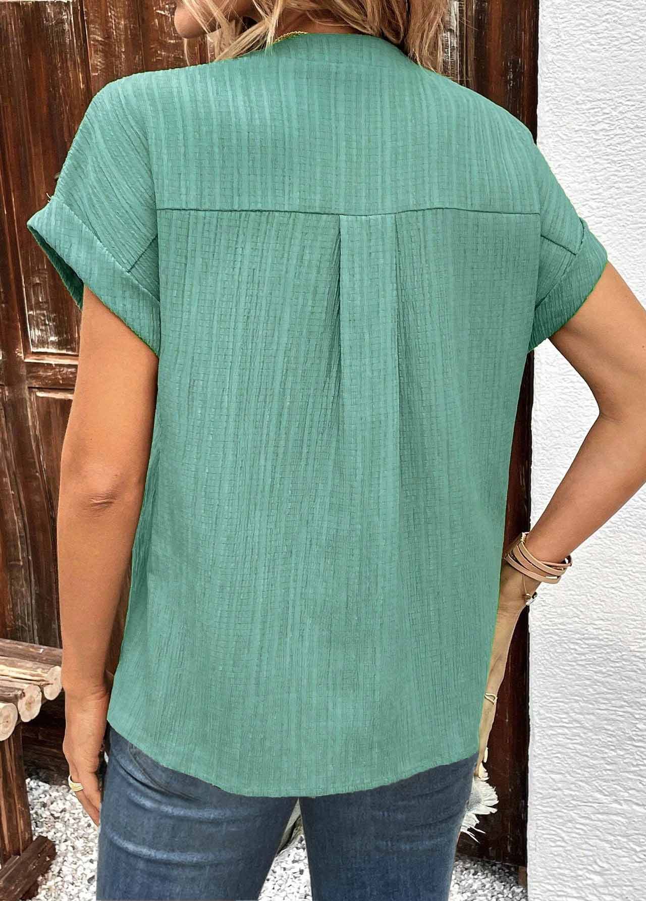 Green V Neck Short Sleeve Button T Shirt