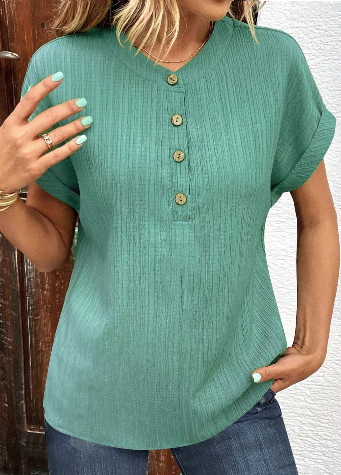 Green V Neck Short Sleeve Button T Shirt