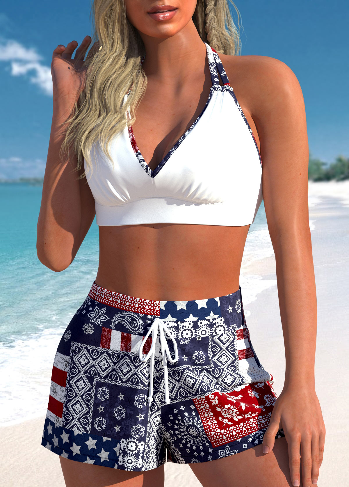 High Waisted Flag Print Patchwork Navy Bikini Set