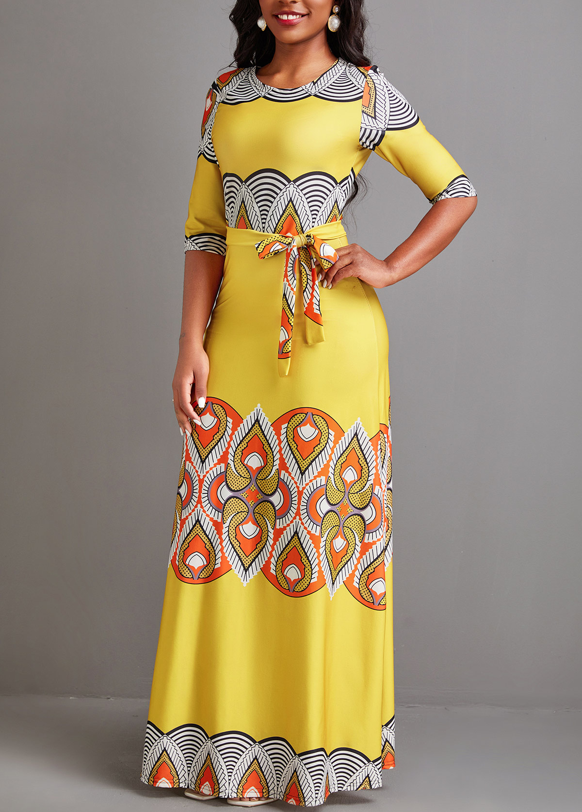 African Tribal Print Tie Belted Yellow Maxi Dress