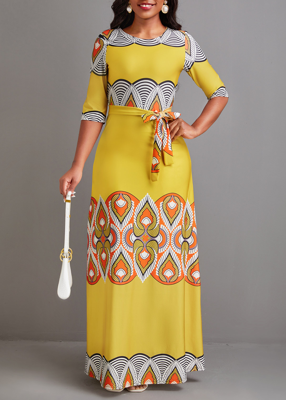 African Tribal Print Tie Belted Yellow Maxi Dress