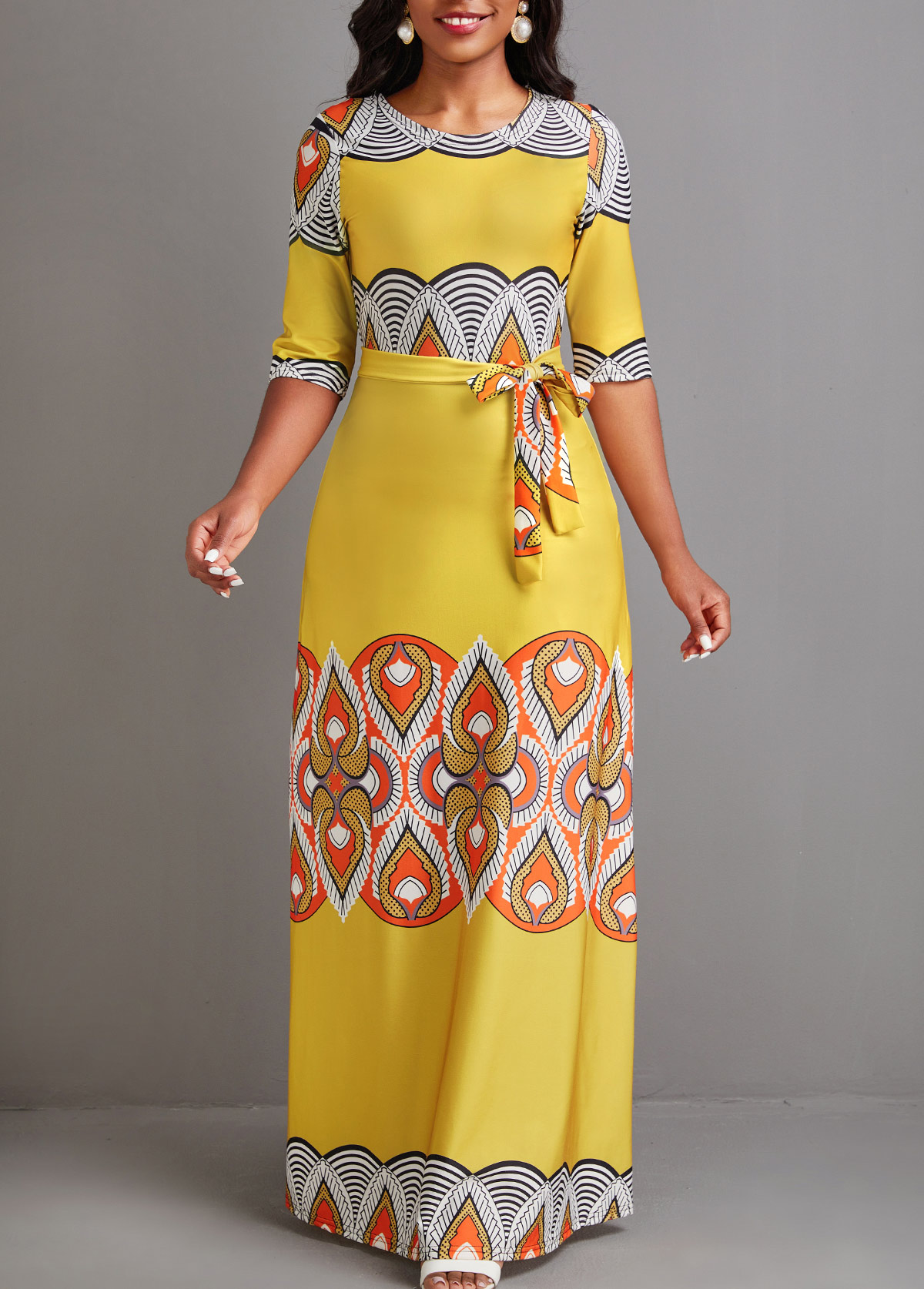 African Tribal Print Tie Belted Yellow Maxi Dress | Rosewe.com - USD $35.98
