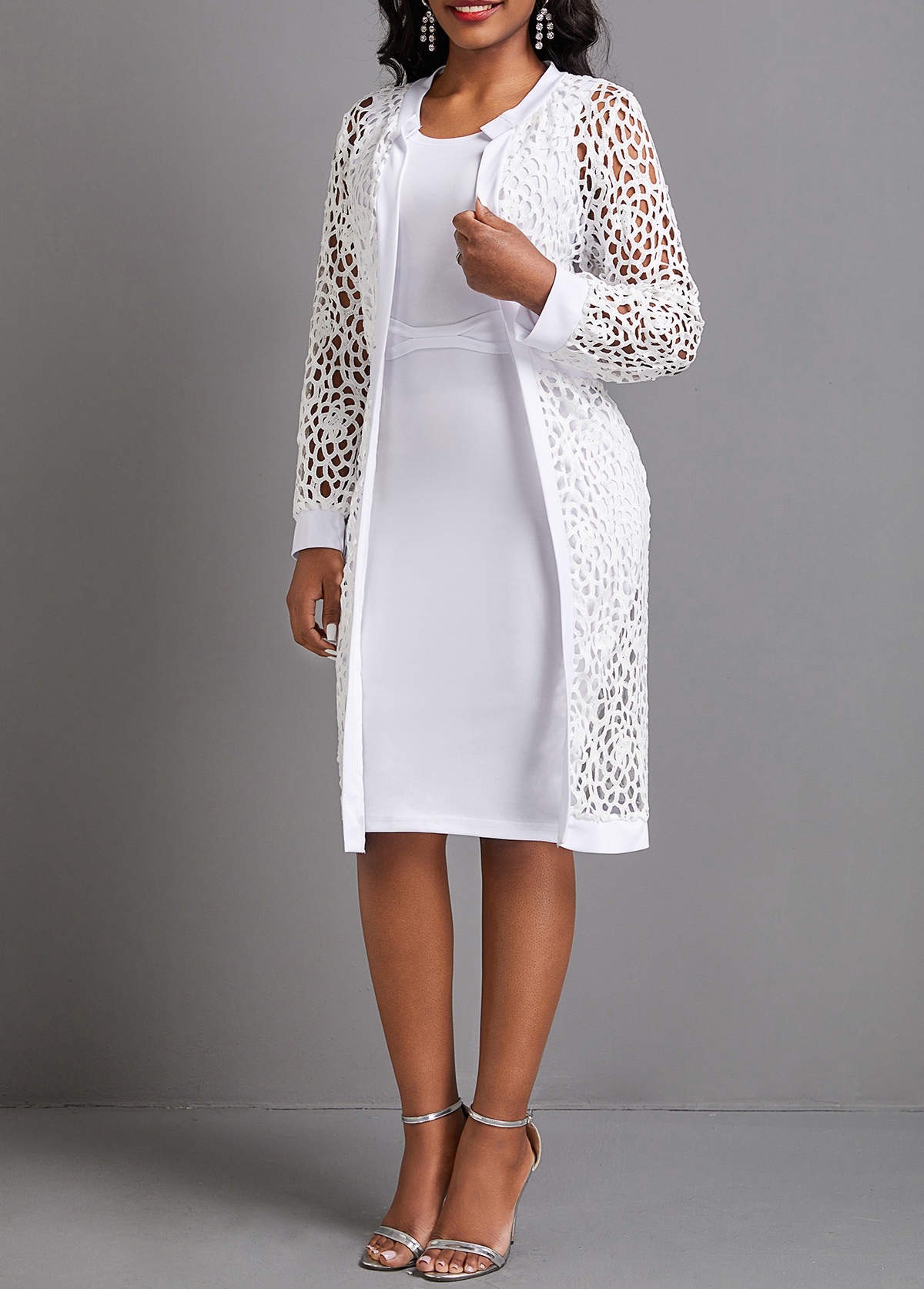White Two-Piece Round Neck Mesh Dress and Cardigan