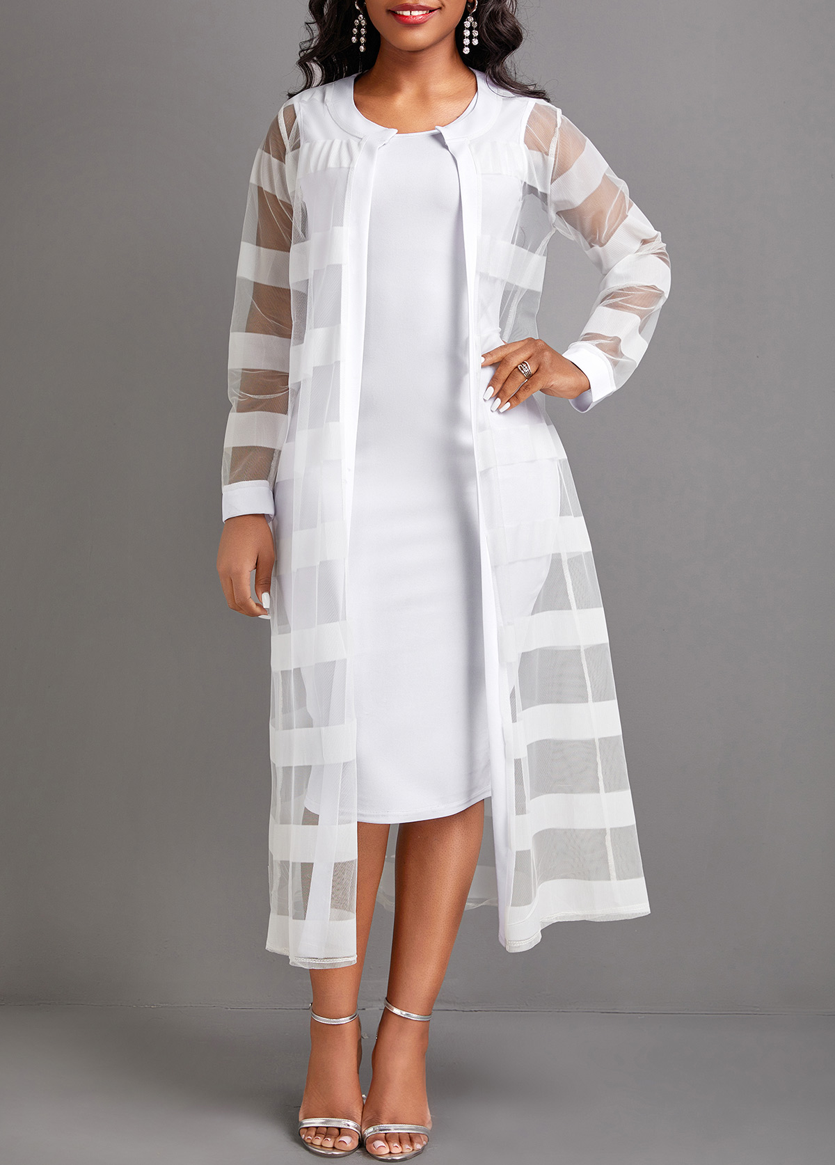 Two Piece White Long Sleeve Dress and Cardigan