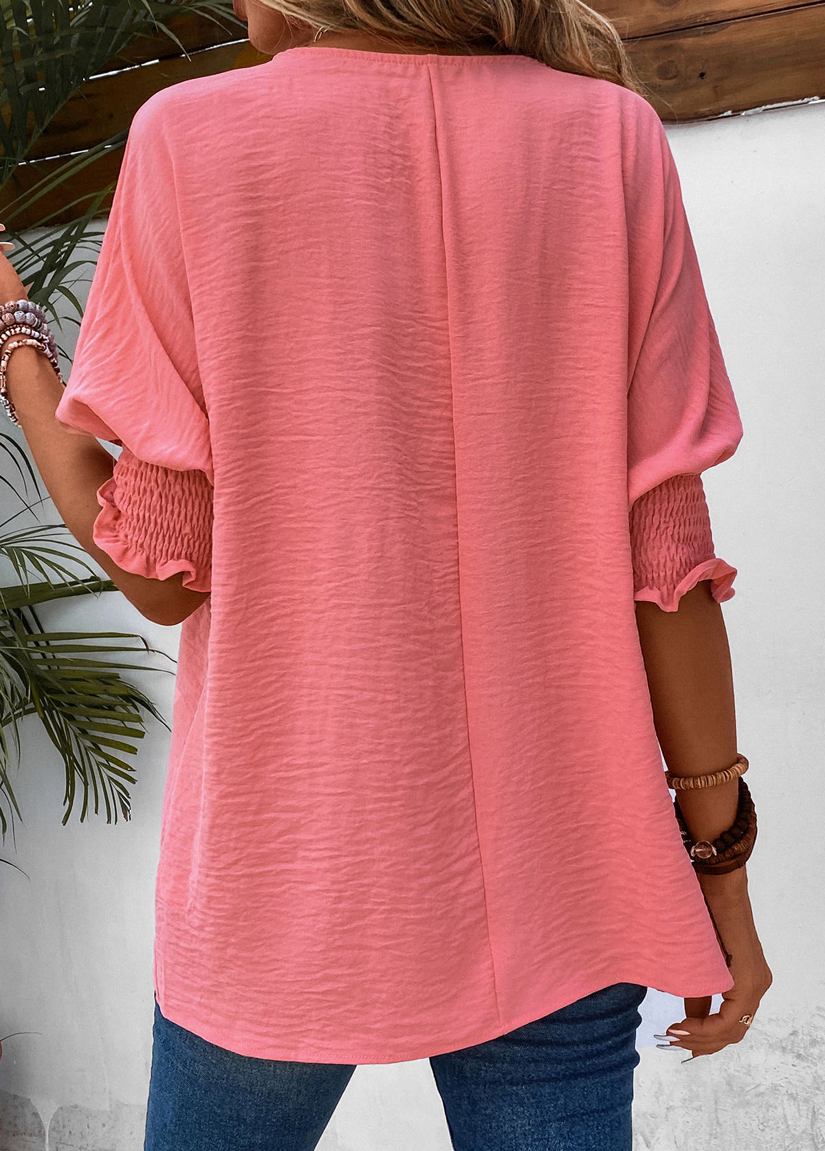 Smocked Round Neck Half Sleeve Pink T Shirt