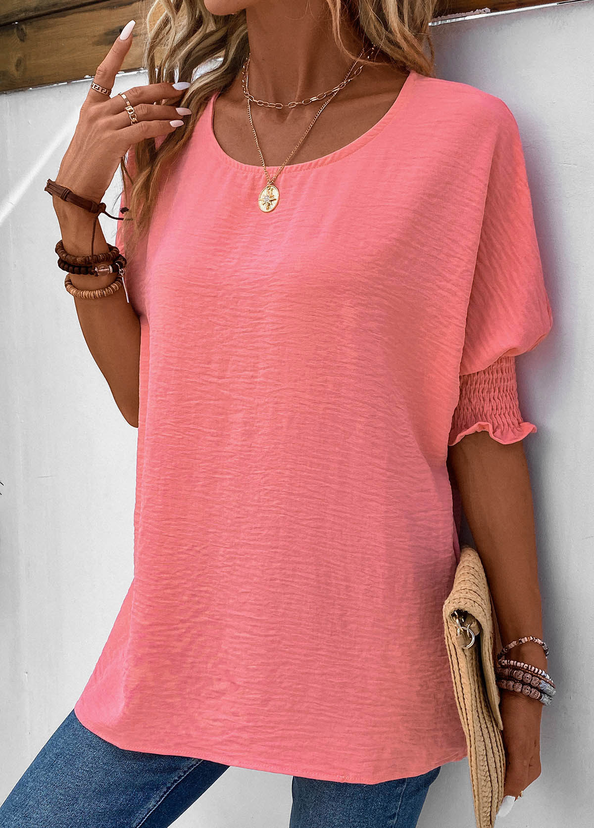 Smocked Round Neck Half Sleeve Pink T Shirt