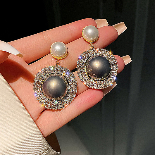 Pearl Design Rhinestone Grey Round Earrings