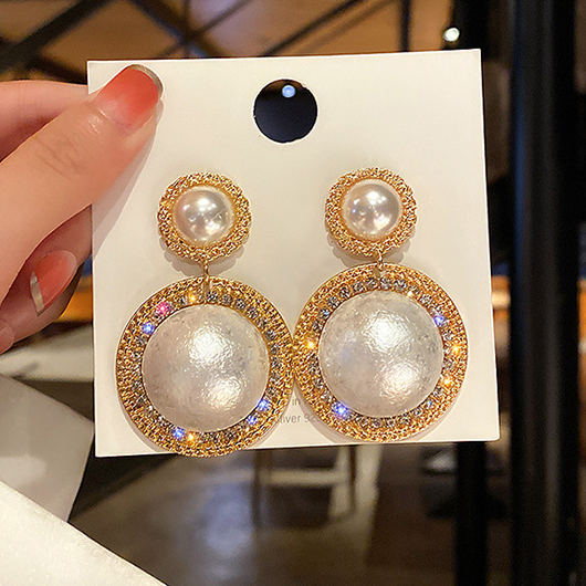 Golden Round Pearl Detail Geometric Pattern Earrings