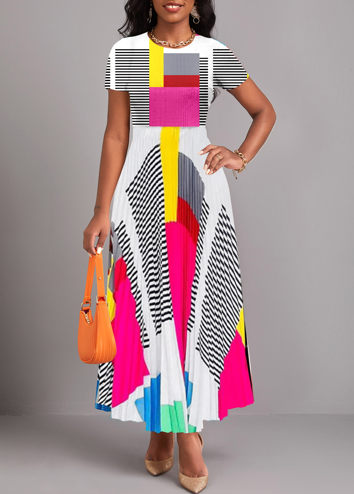 Geometric Print Pleated Multi Color Maxi Dress