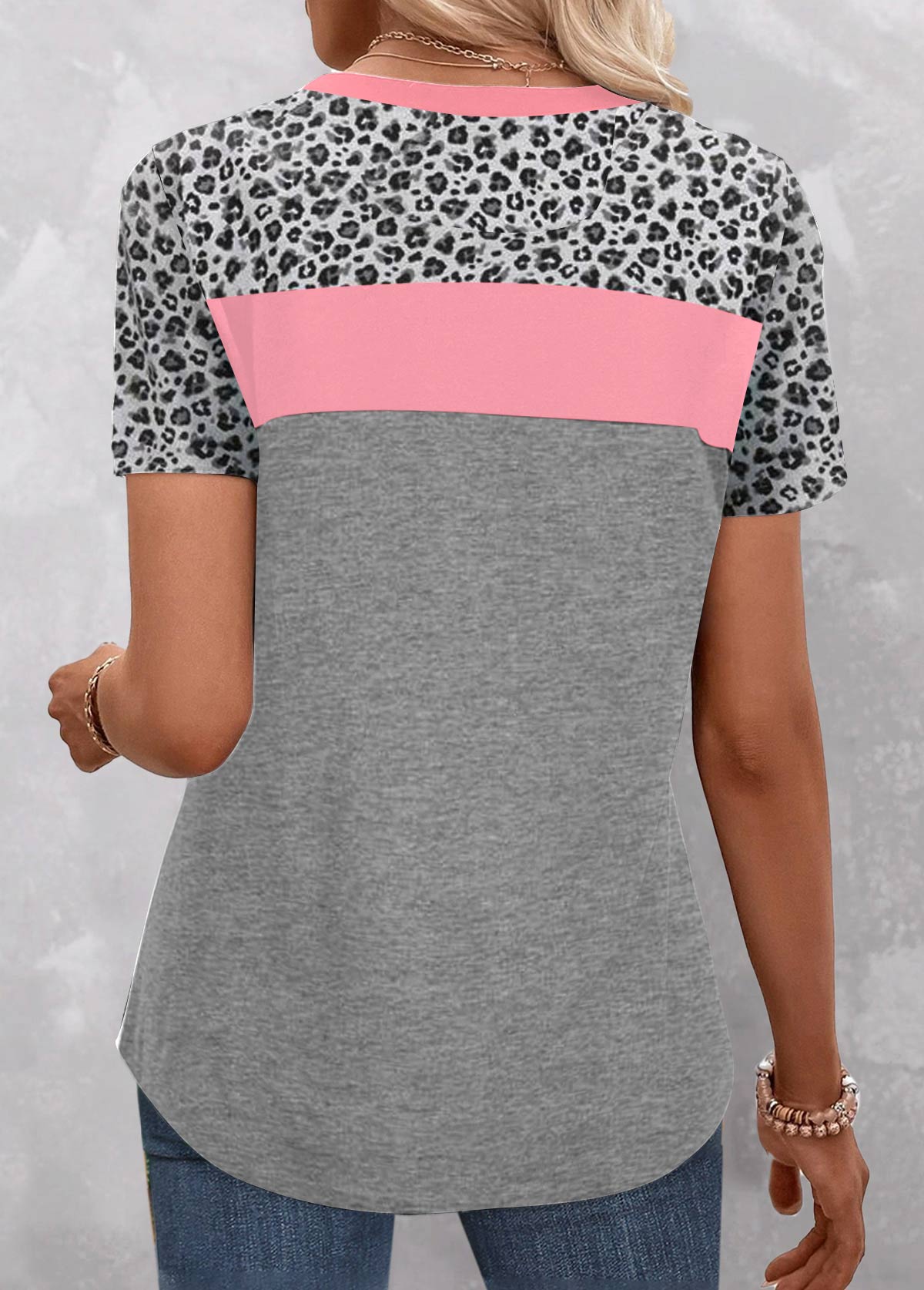 Leopard Patchwork Pink Round Neck T Shirt