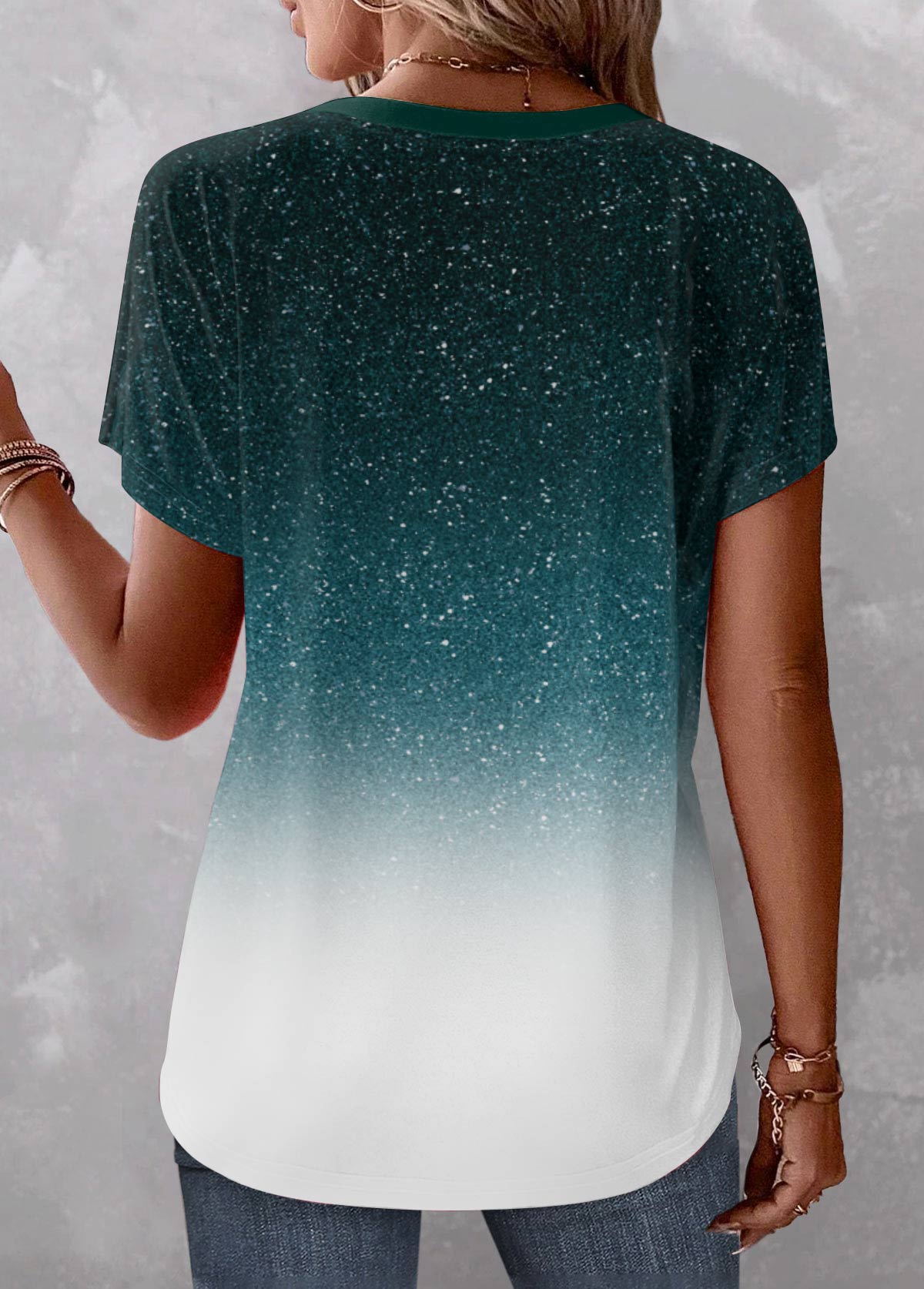 Ombre Button Turquoise V Neck Short Sleeve Blouse
