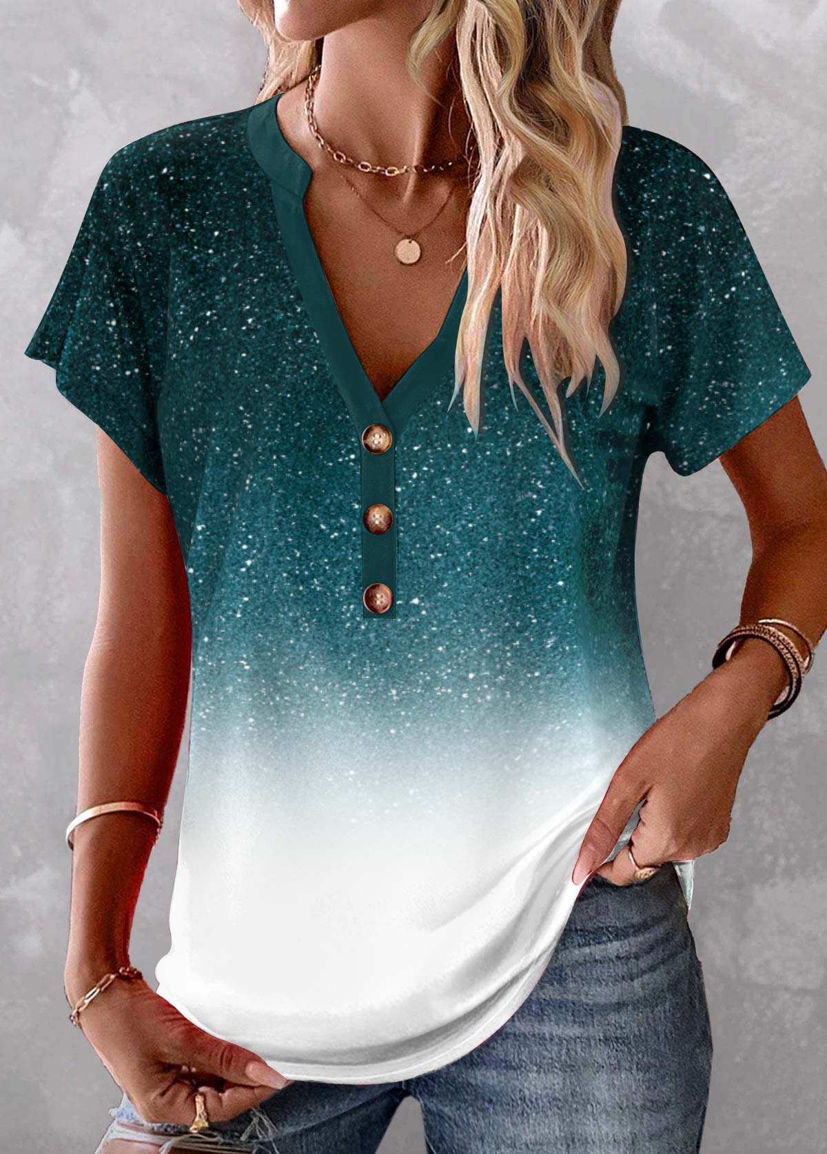 Ombre Button Turquoise V Neck Short Sleeve Blouse