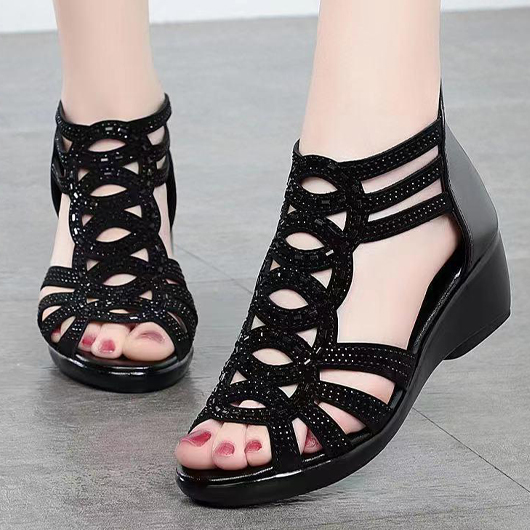 Peep Toe Mid Heel Black Sandals