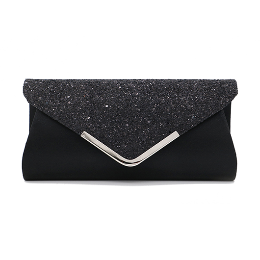 Sequined Black Magnetic V Design Evening Bag