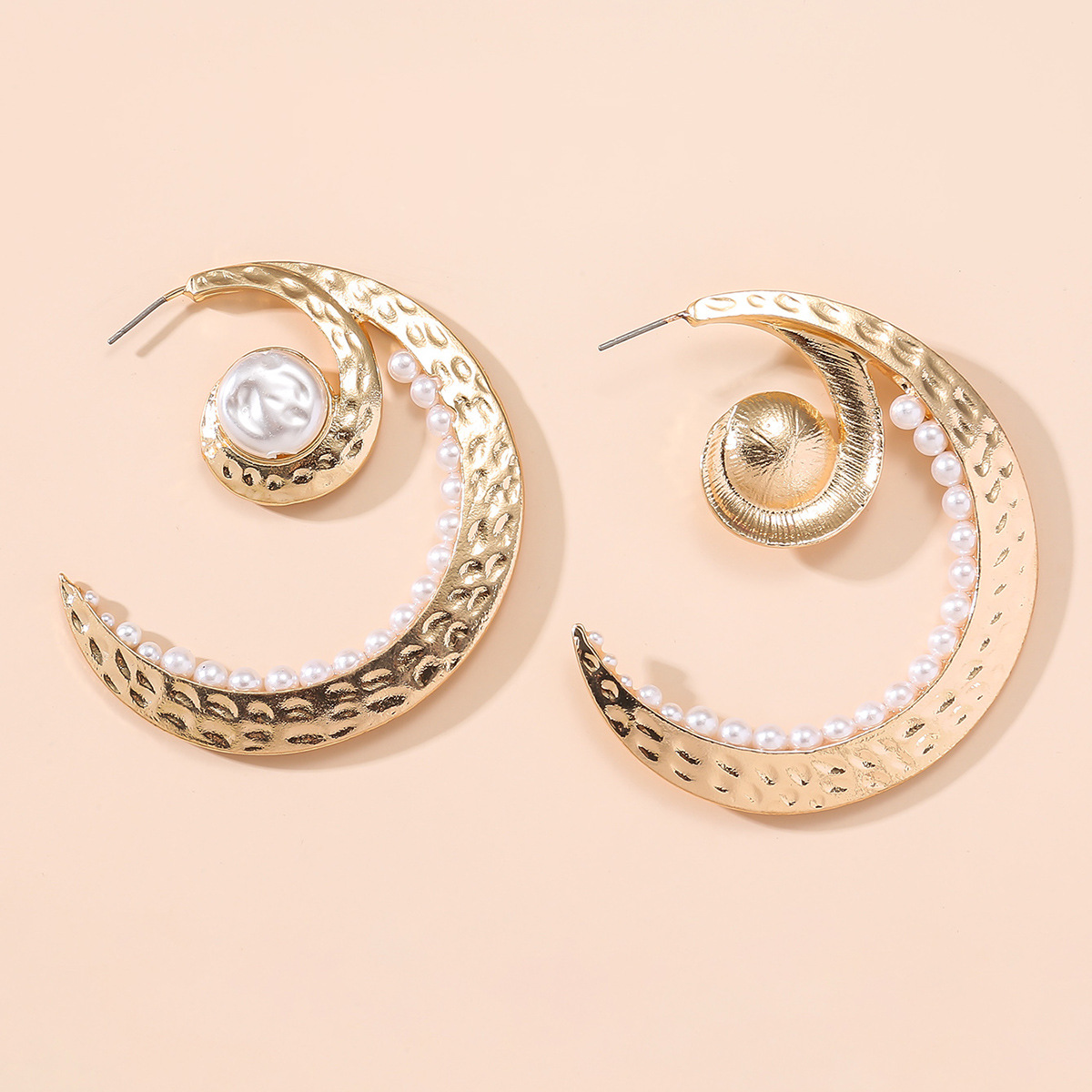 Pearl Design Gold Metal Moon Earrings