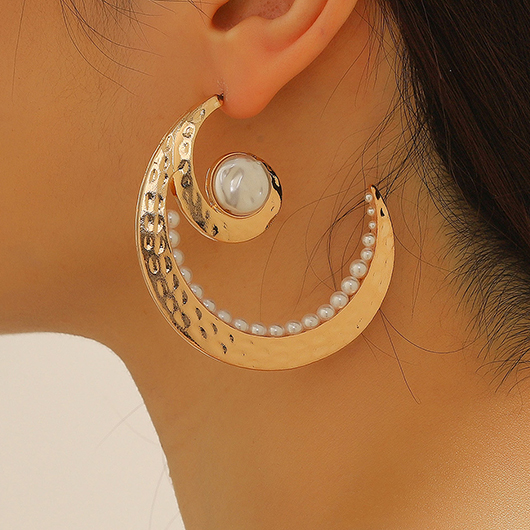 Pearl Design Gold Metal Moon Earrings