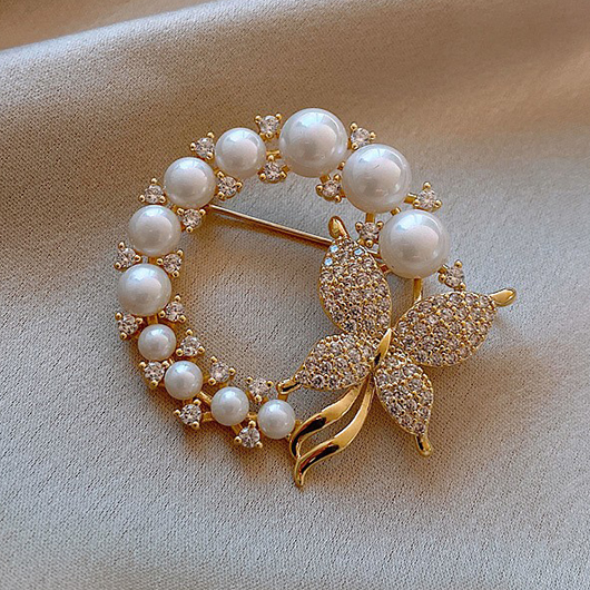 Pearl Design Gold Butterfly Rhinestone Brooch