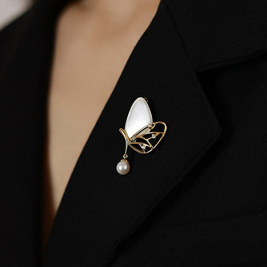 Pearl Design Rhinestone Gold Butterfly Brooch