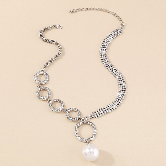 Pearl Detail Rhinestone Silvery White Asymmetry Necklace