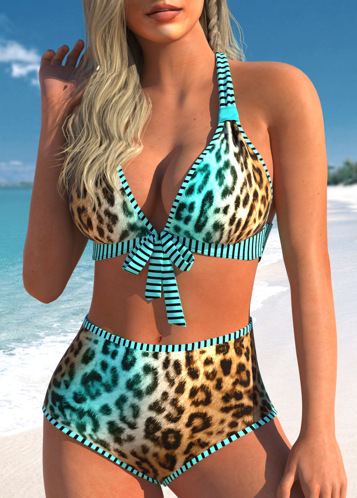 Mid Waisted Leopard Bowknot Cyan Bikini Set