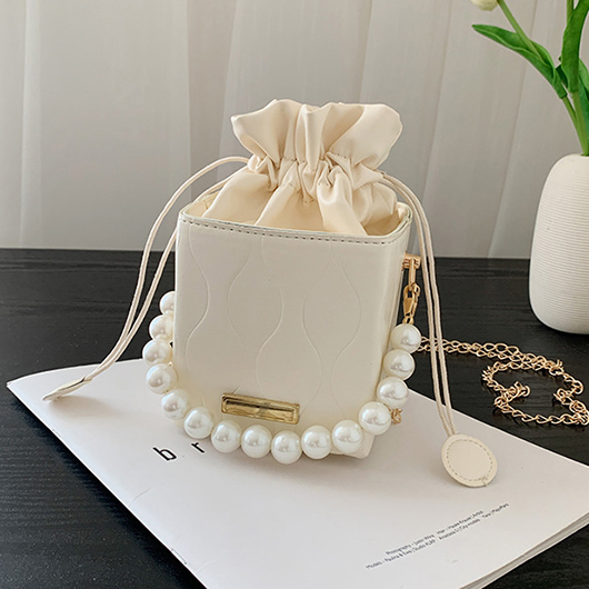 White Pearl Detail Chains Zip Shoulder Bag