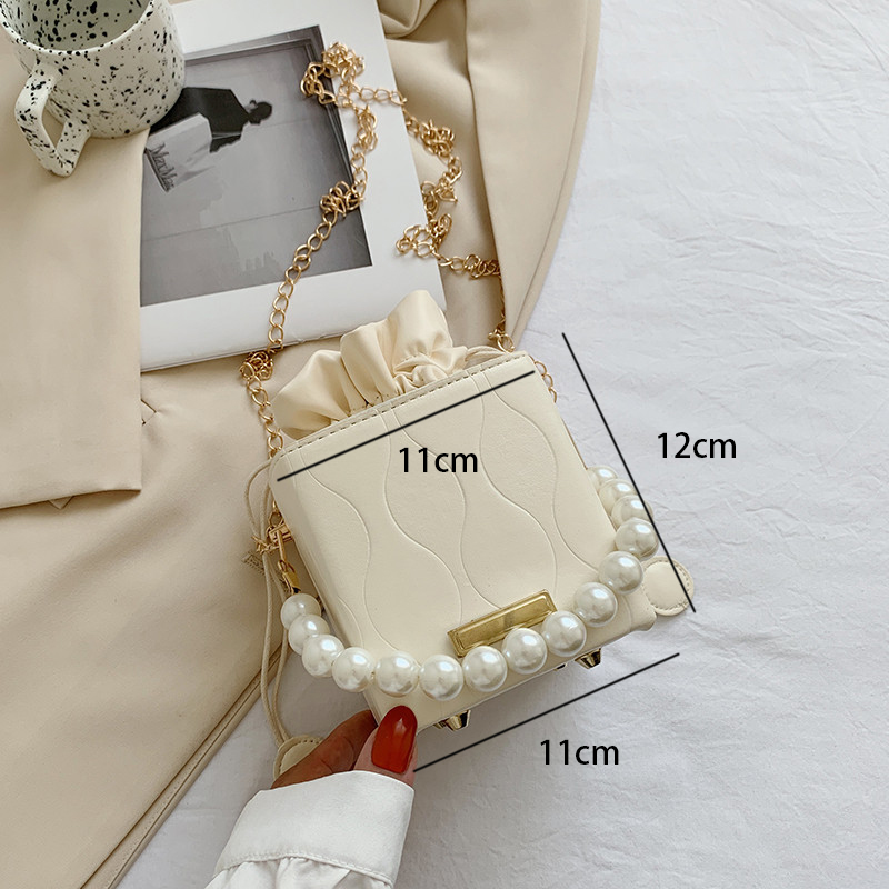 White Pearl Detail Chains Zip Shoulder Bag