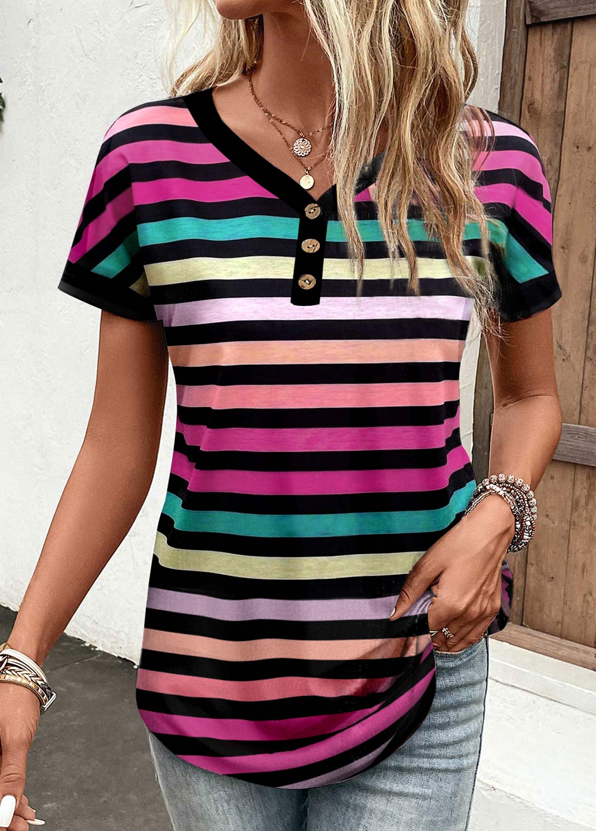 Striped Button Multi Color V Neck T Shirt