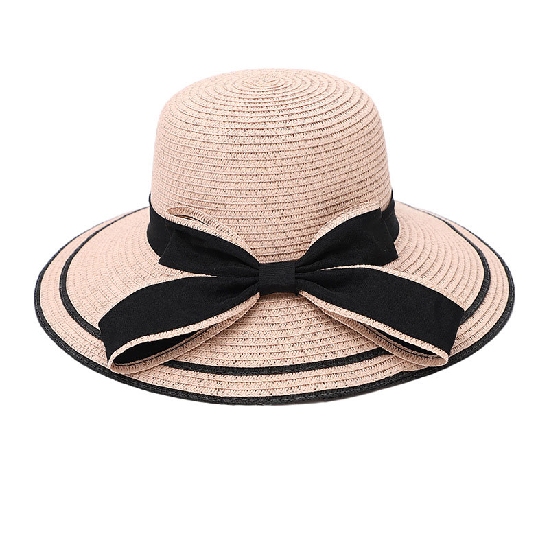 Bowknot Design Pink Patchwork Straw Hat