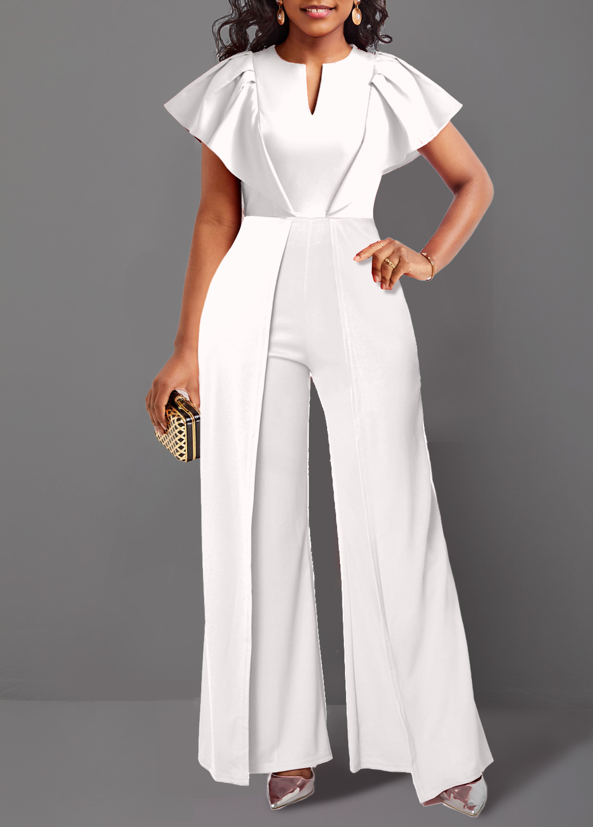 Asymmetry Long V Neck Short Sleeve White Jumpsuit | Rosewe.com - USD $36.98
