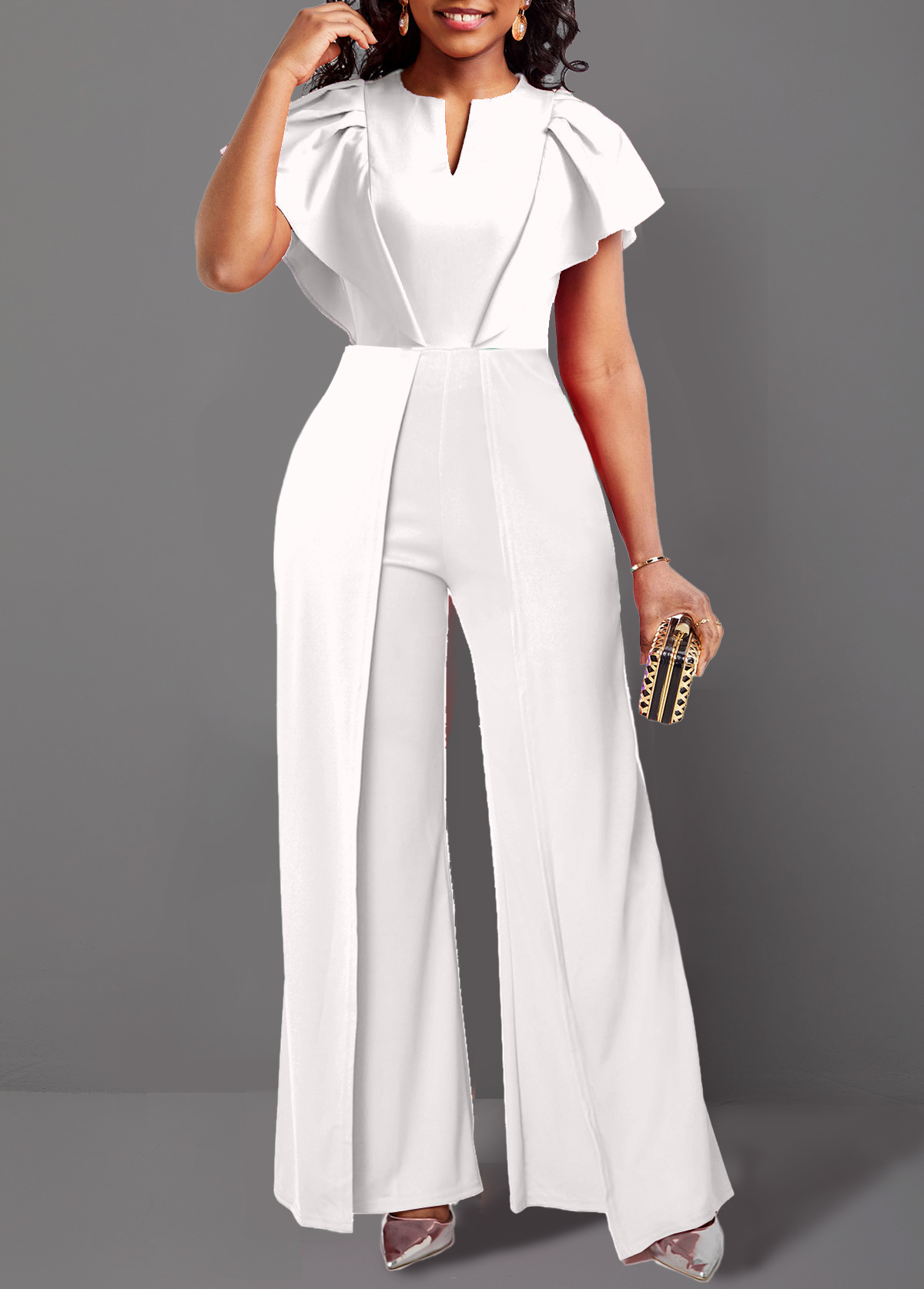 Asymmetry Long V Neck Short Sleeve White Jumpsuit | Rosewe.com - USD $36.98