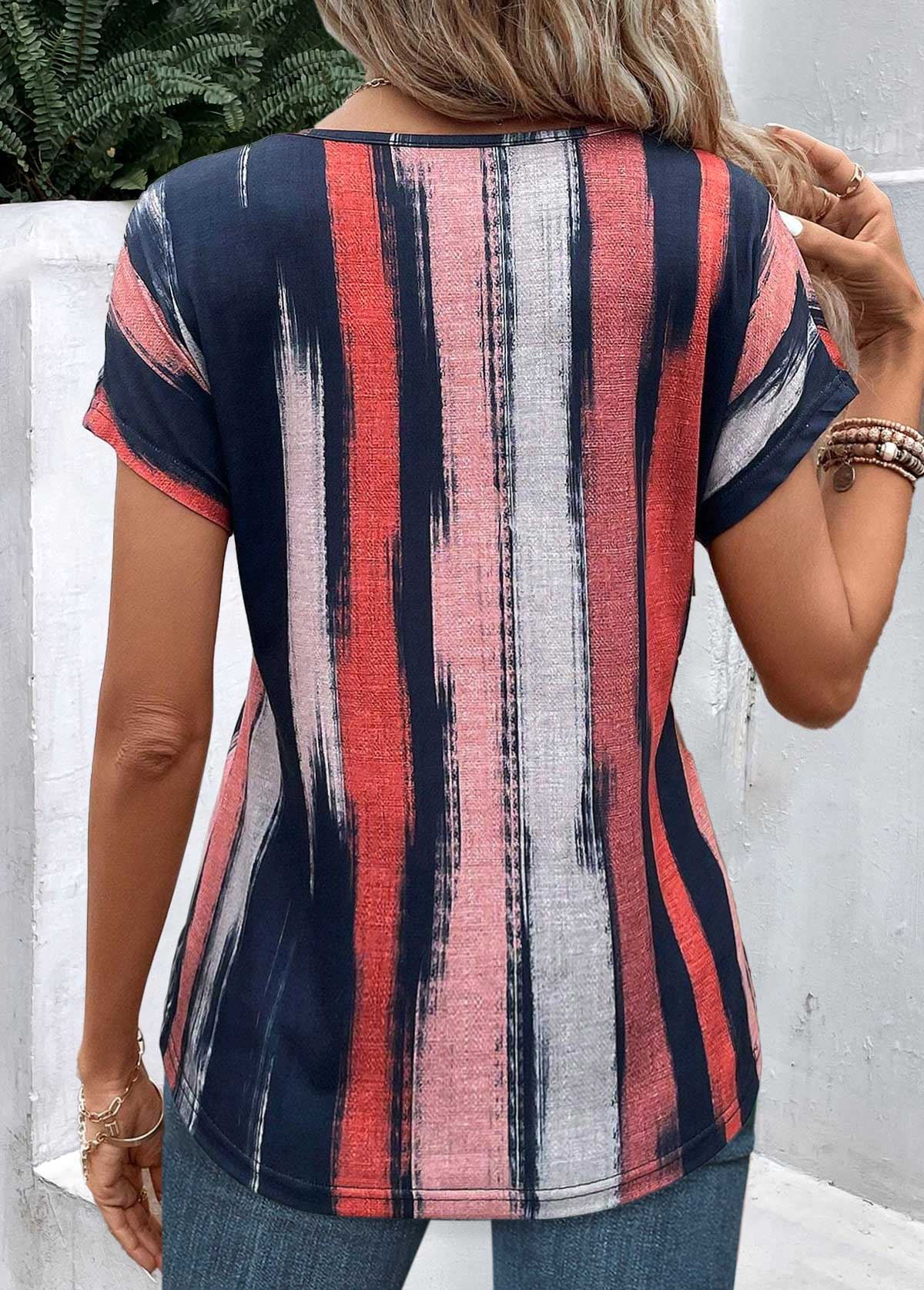 Striped Lightweight Multi Color V Neck T Shirt