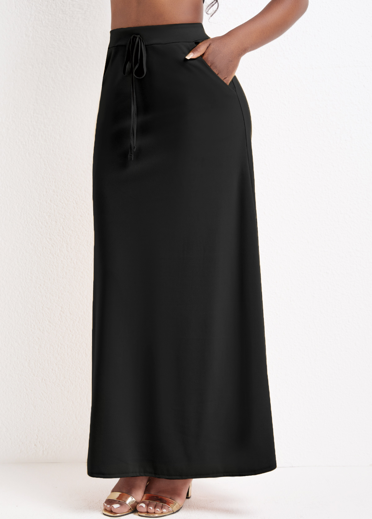 Pocket Black A Line Drawastring Maxi Skirt