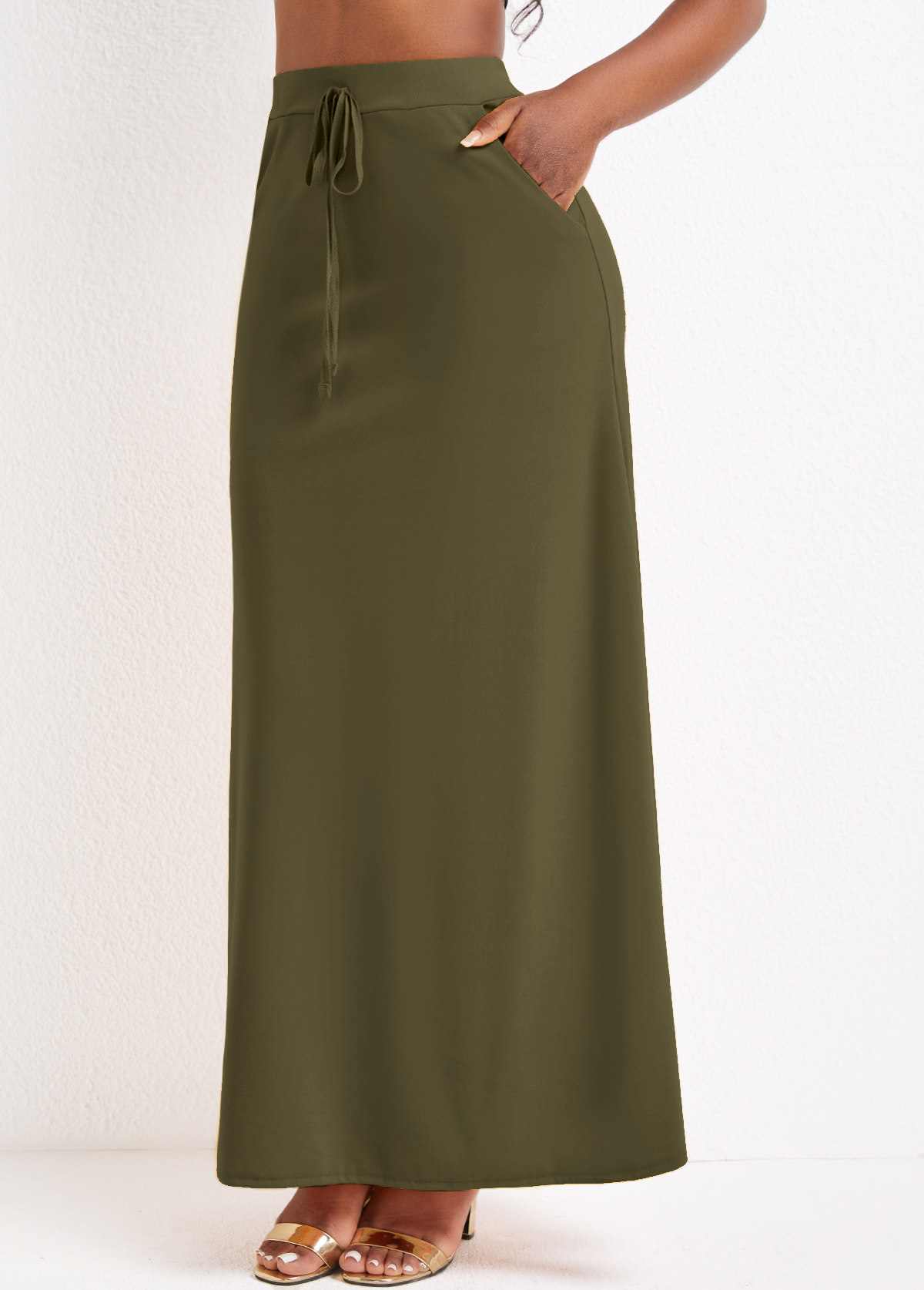 Pocket Olive Green A Line Drawastring Maxi Skirt