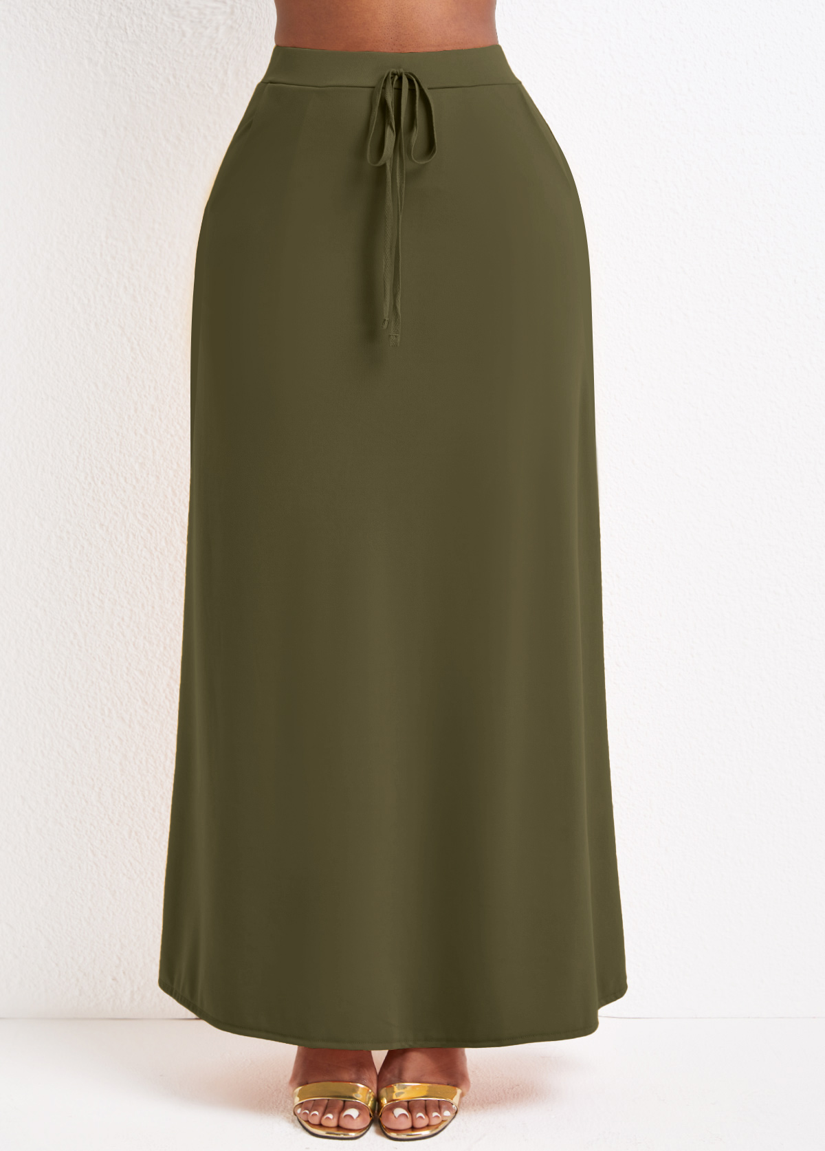 Pocket Olive Green A Line Drawastring Maxi Skirt