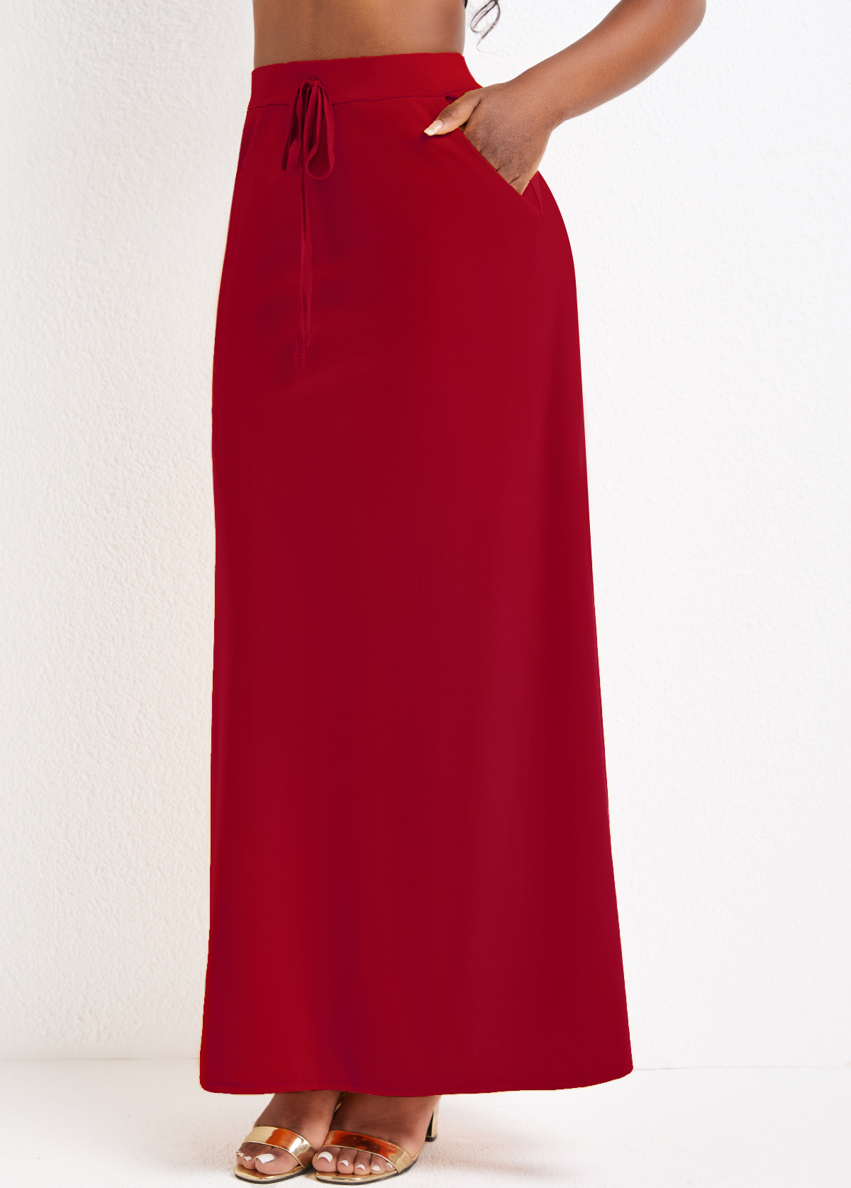 Pocket Wine Red A Line Drawastring Maxi Skirt