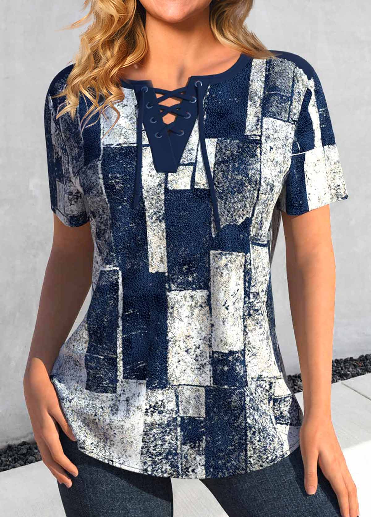Geometric Print Lace Up Navy Short Sleeve Blouse