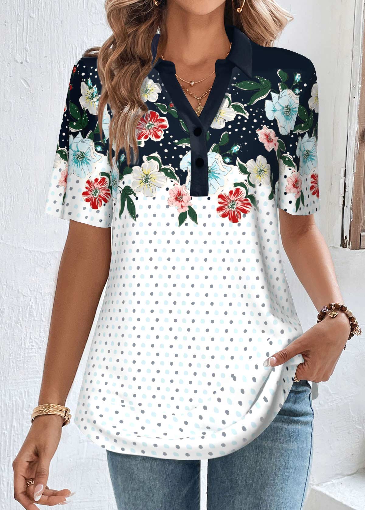 Floral Print Button Navy Shirt Collar Blouse