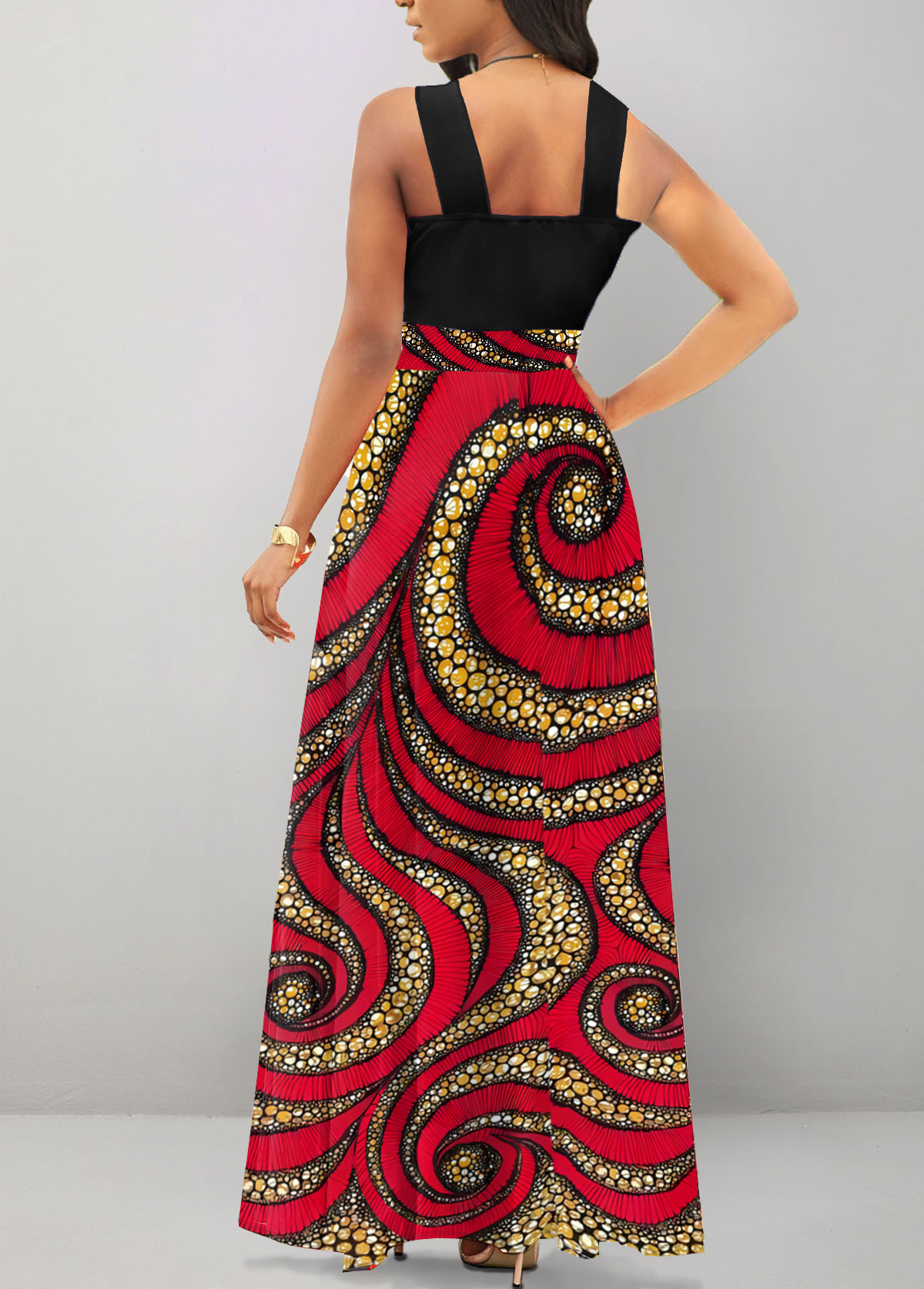 African Tribal Print Cut Out Black Maxi Dress