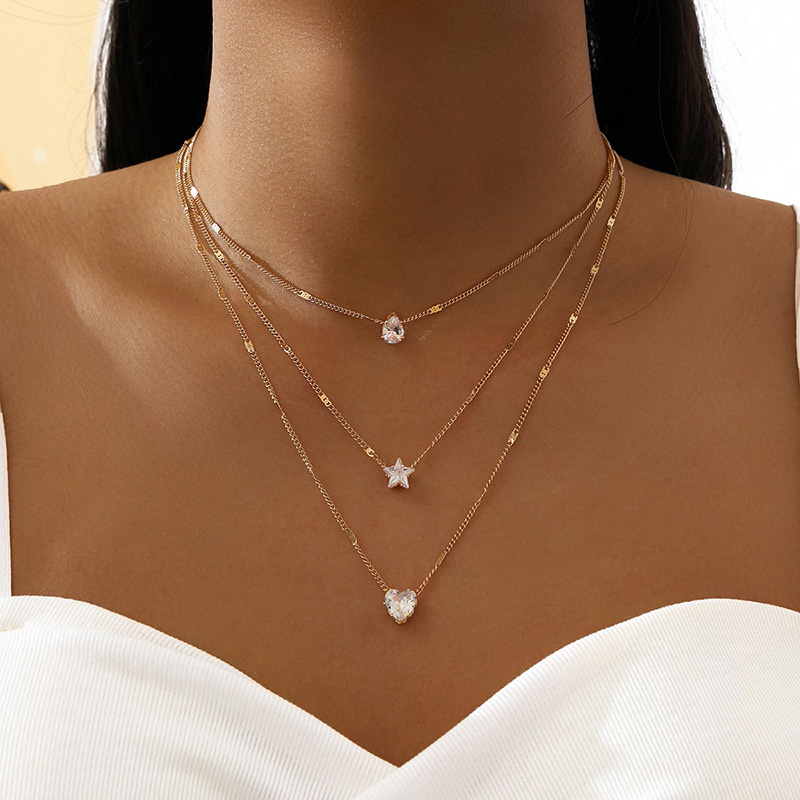 Golden Heart Star Layered Alloy Necklace