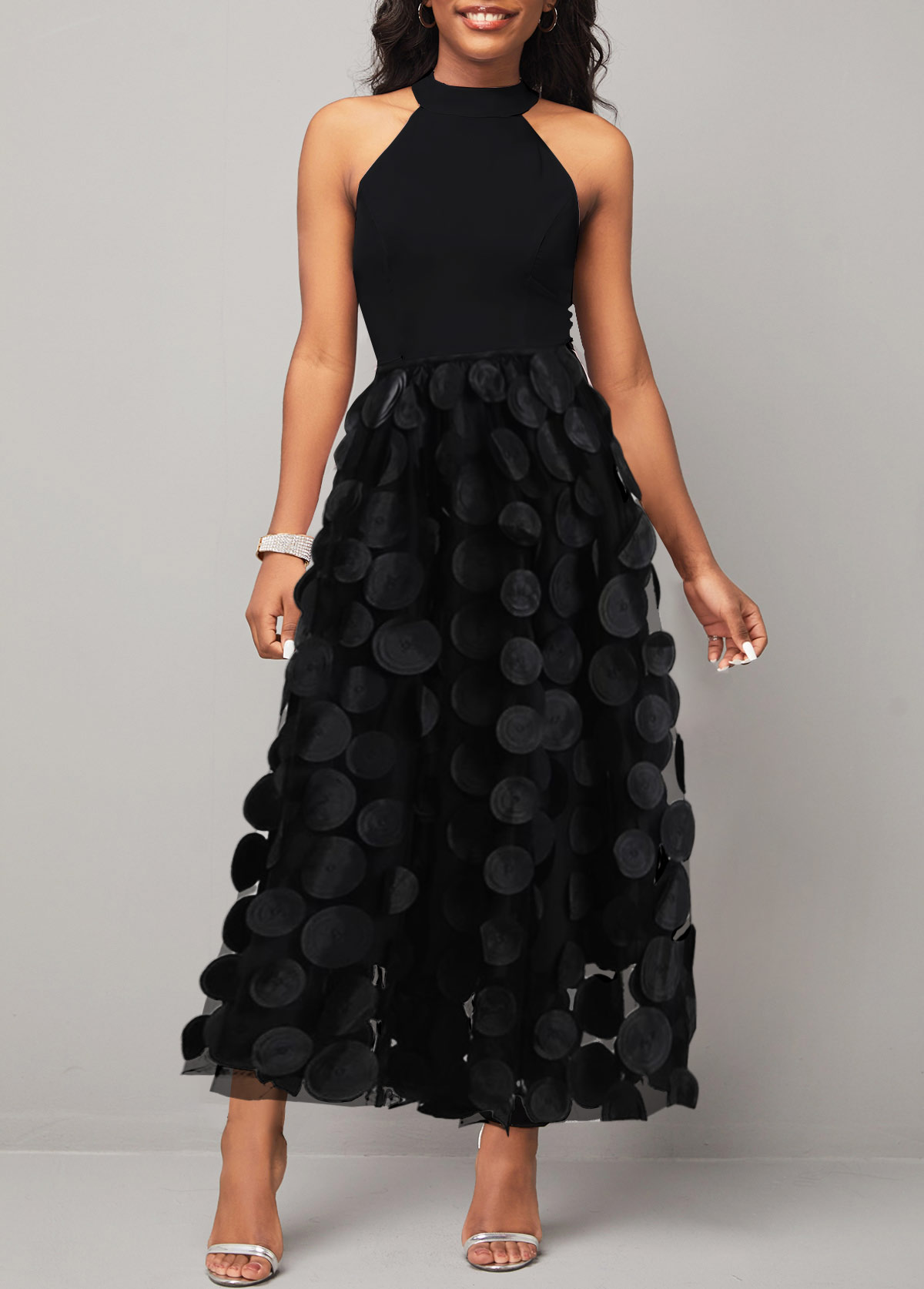 Round Neck Patchwork Black Sleeveless Maxi Dress