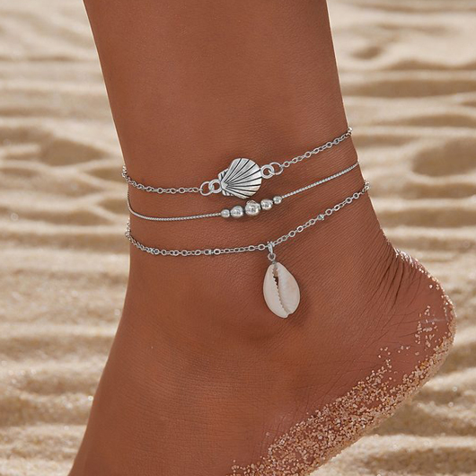 Conch Layered Design Silvery White Anklet Set