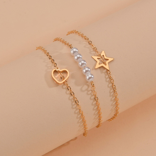 Layered Pearl Detail Gold Heart Bracelet