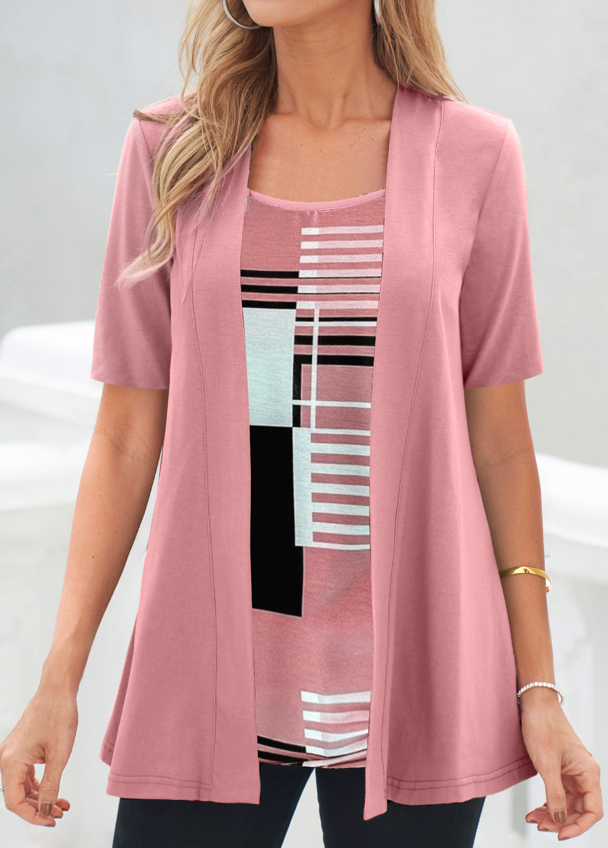 Geometric Print Fake 2in1 Pink T Shirt