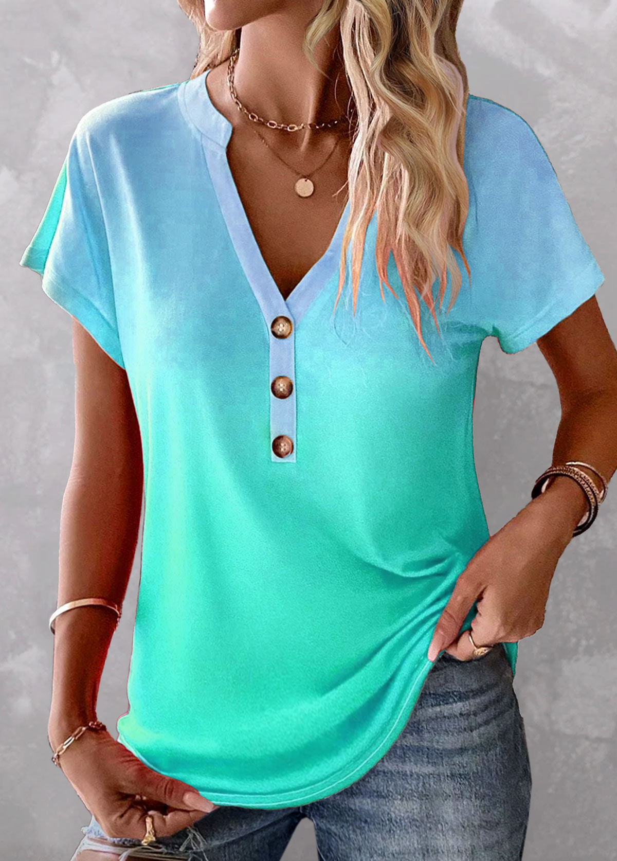 Plus Size Mint Green Button Ombre T Shirt USD 32.98