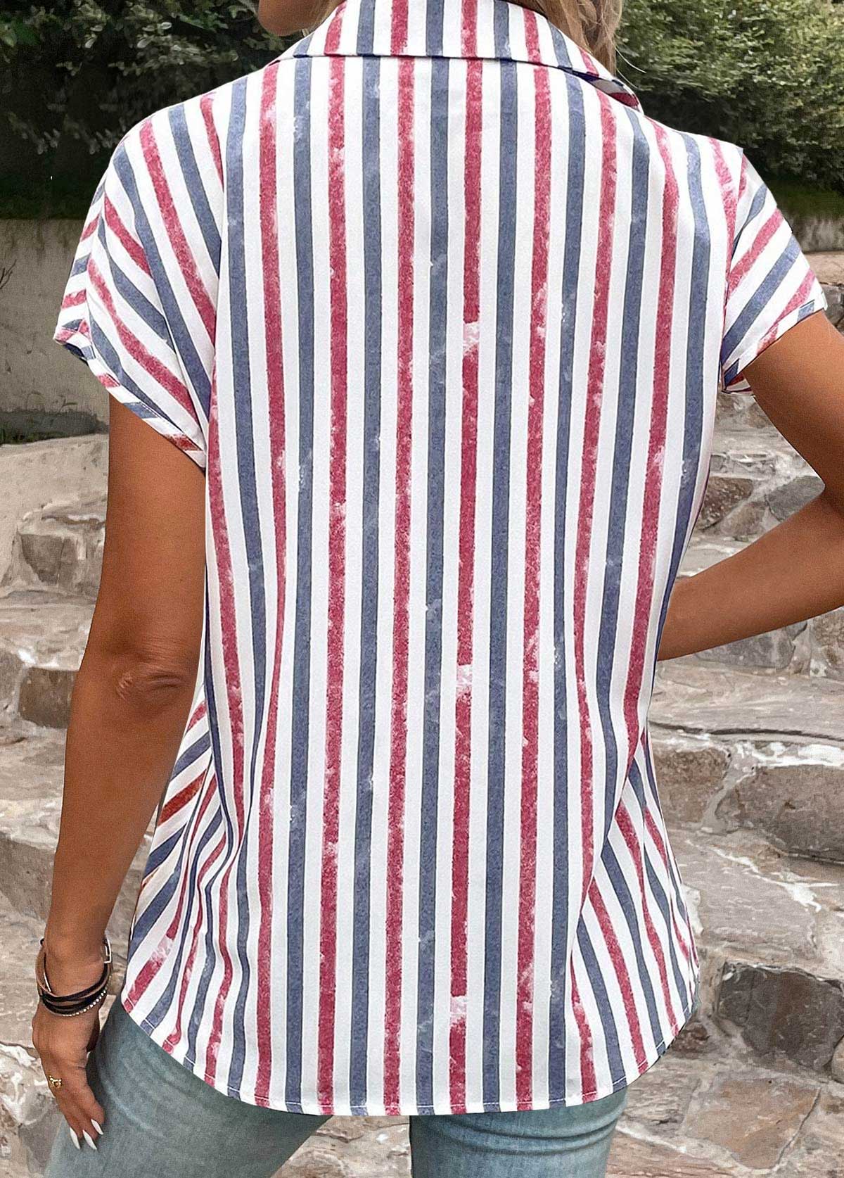 Striped Button Multi Color Shirt Collar Blouse