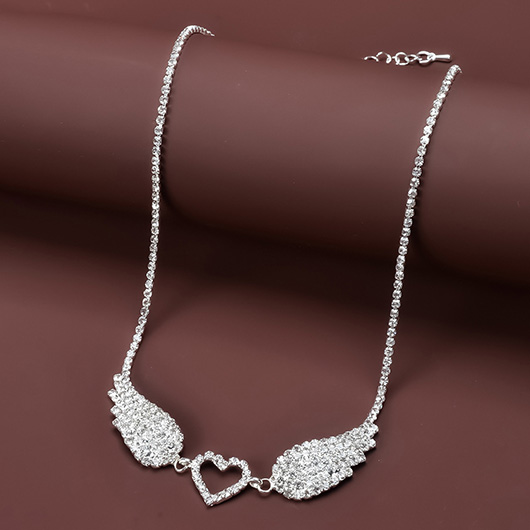 Rhinestone Wing Silvery White Heart Necklace