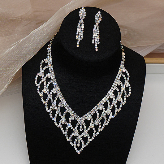 Rhinestone Silver Tassel Earrings and Necklace