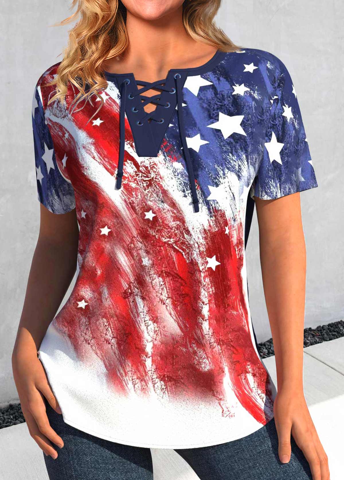 American Flag Print Lace Up Multi Color Blouse