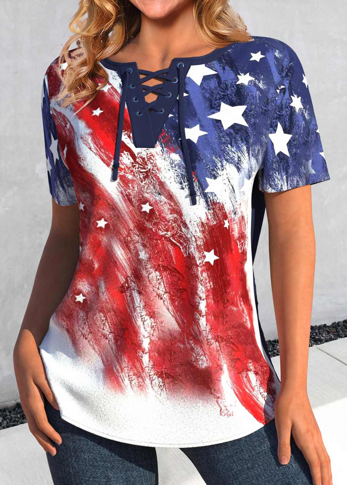 American Flag Print Lace Up Multi Color Blouse