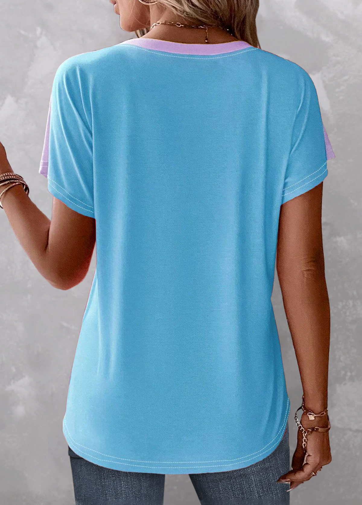 Ombre Button Sky Blue Split Neck T Shirt